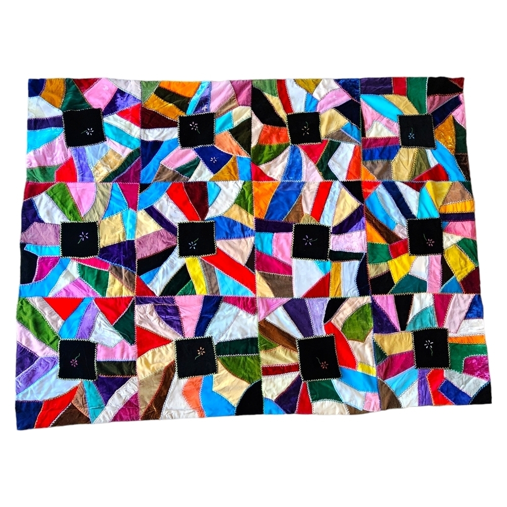 ANTIQUE Velvet Crazy Quilt bright colors floral embroidered 73in x 55in‎
